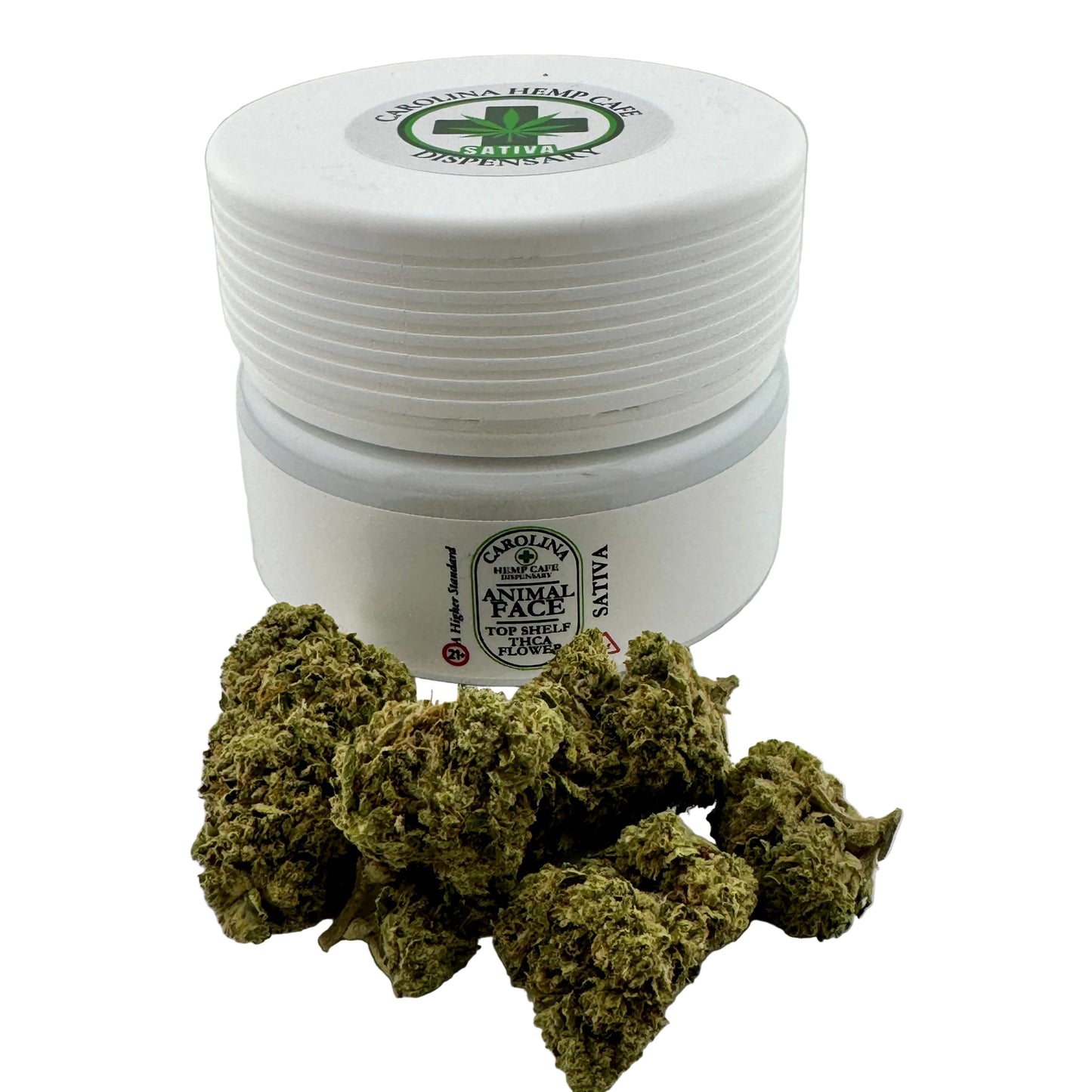 White container with cannabis buds on a light gray background