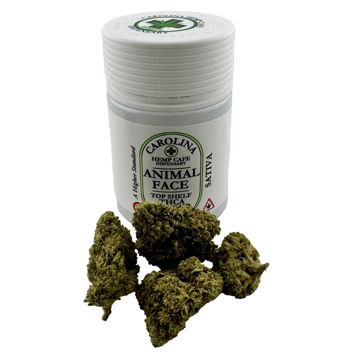 Container labeled 'Animal Face' with cannabis buds on a white background
