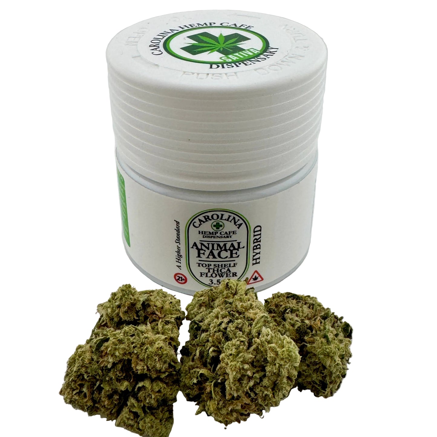 Jar of Carolina Hemp Cafe cannabis flower with buds on a white background