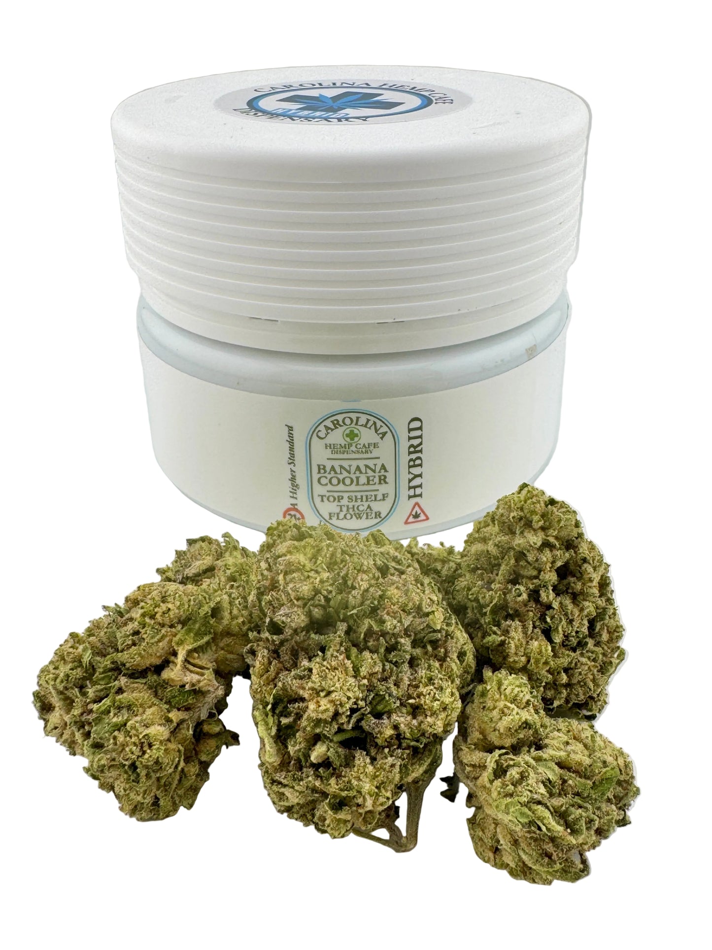 White container with cannabis buds on a white background