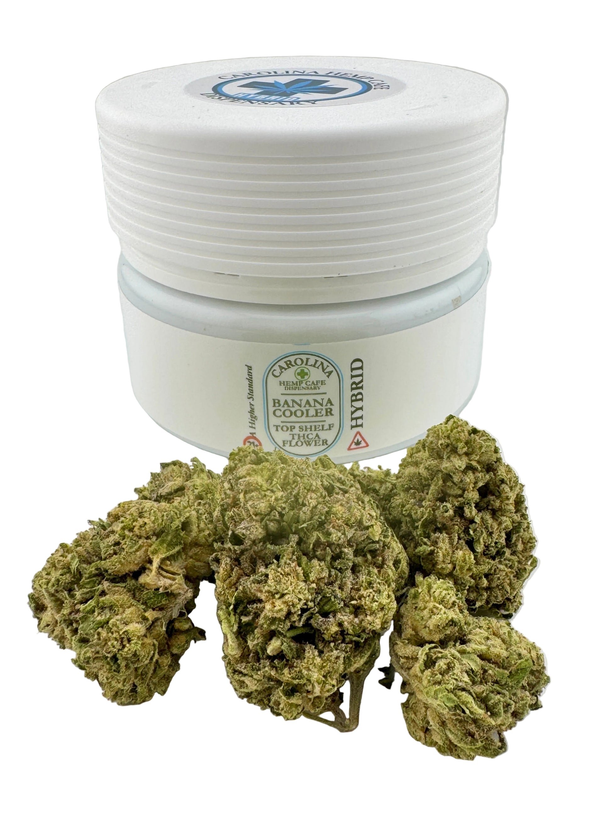 White container with cannabis buds on a white background