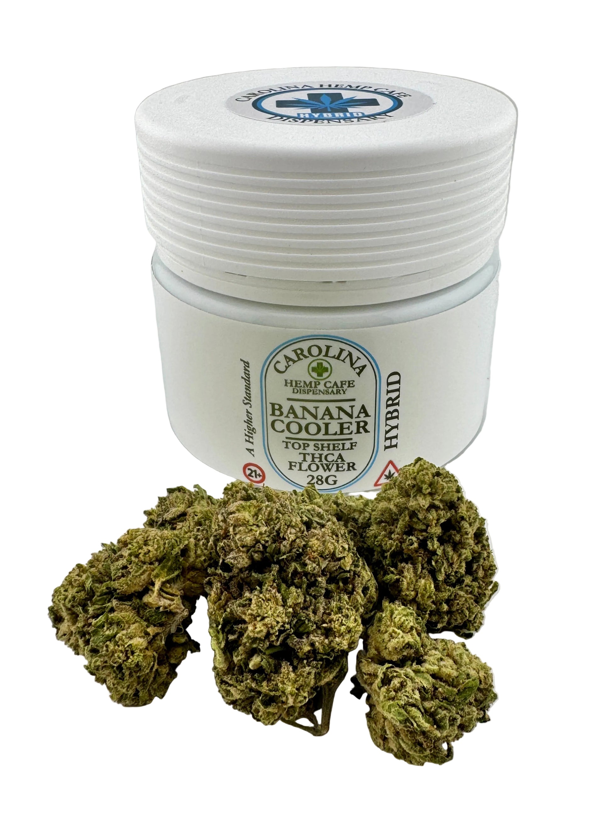 Jar of Carolina Reaper flower with a white lid on a light gray background