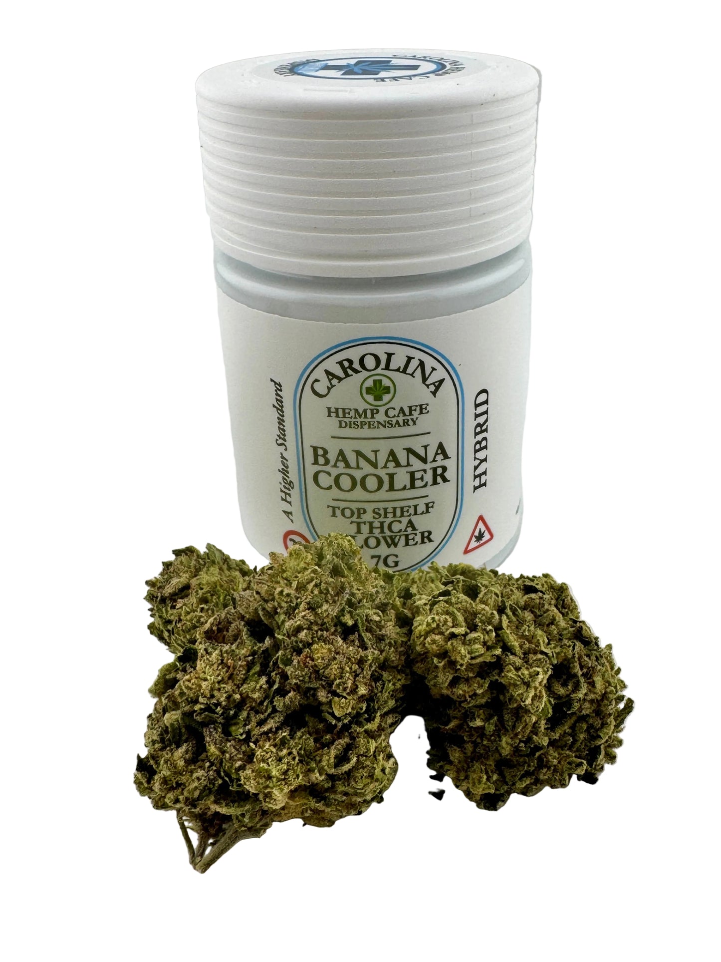 Jar of Carolina Hemp Cafe Banana Cooler hybrid flower on a white background