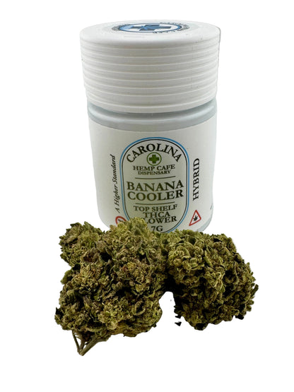 Jar of Carolina Hemp Cafe Banana Cooler hybrid flower on a white background