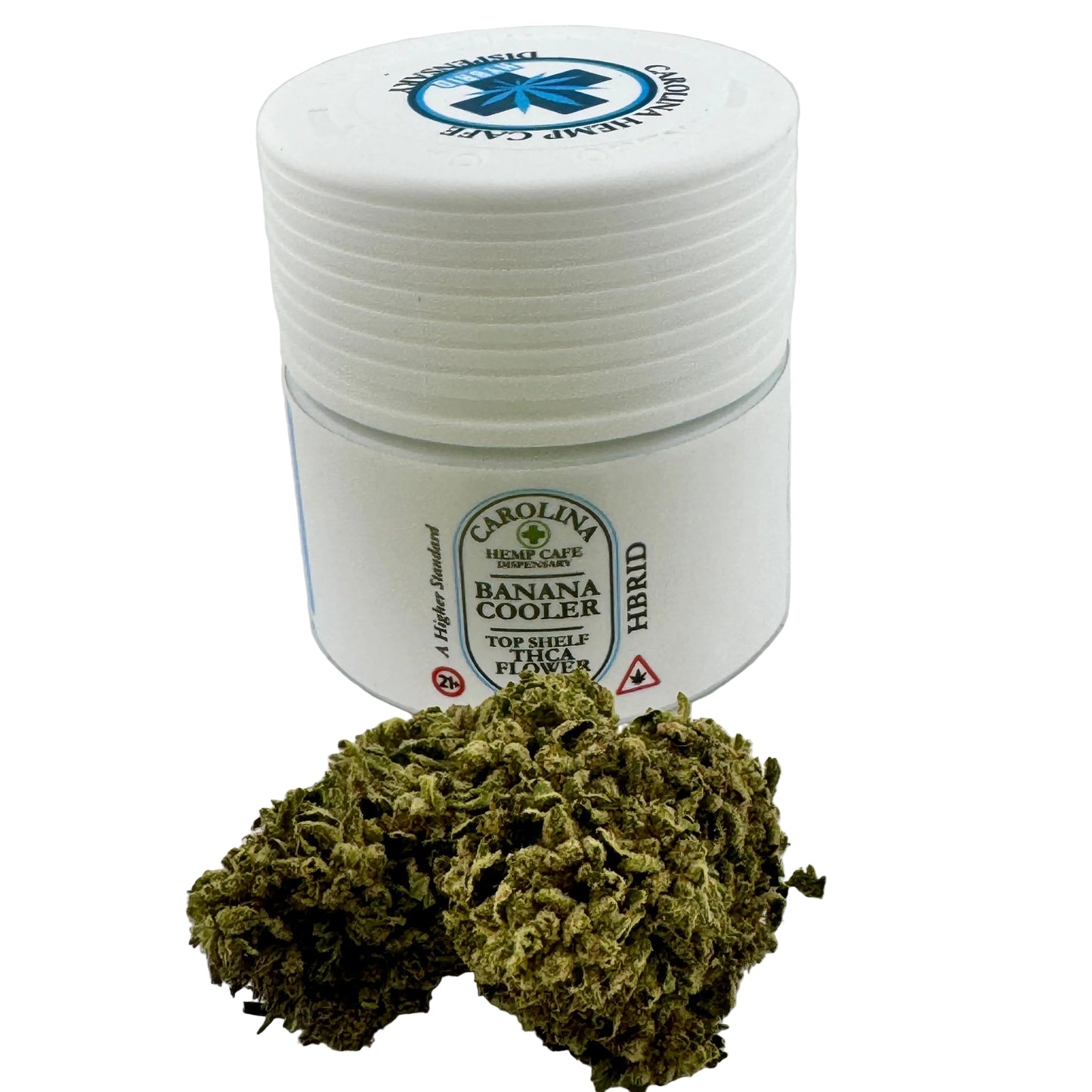 White container with marijuana buds on a white background