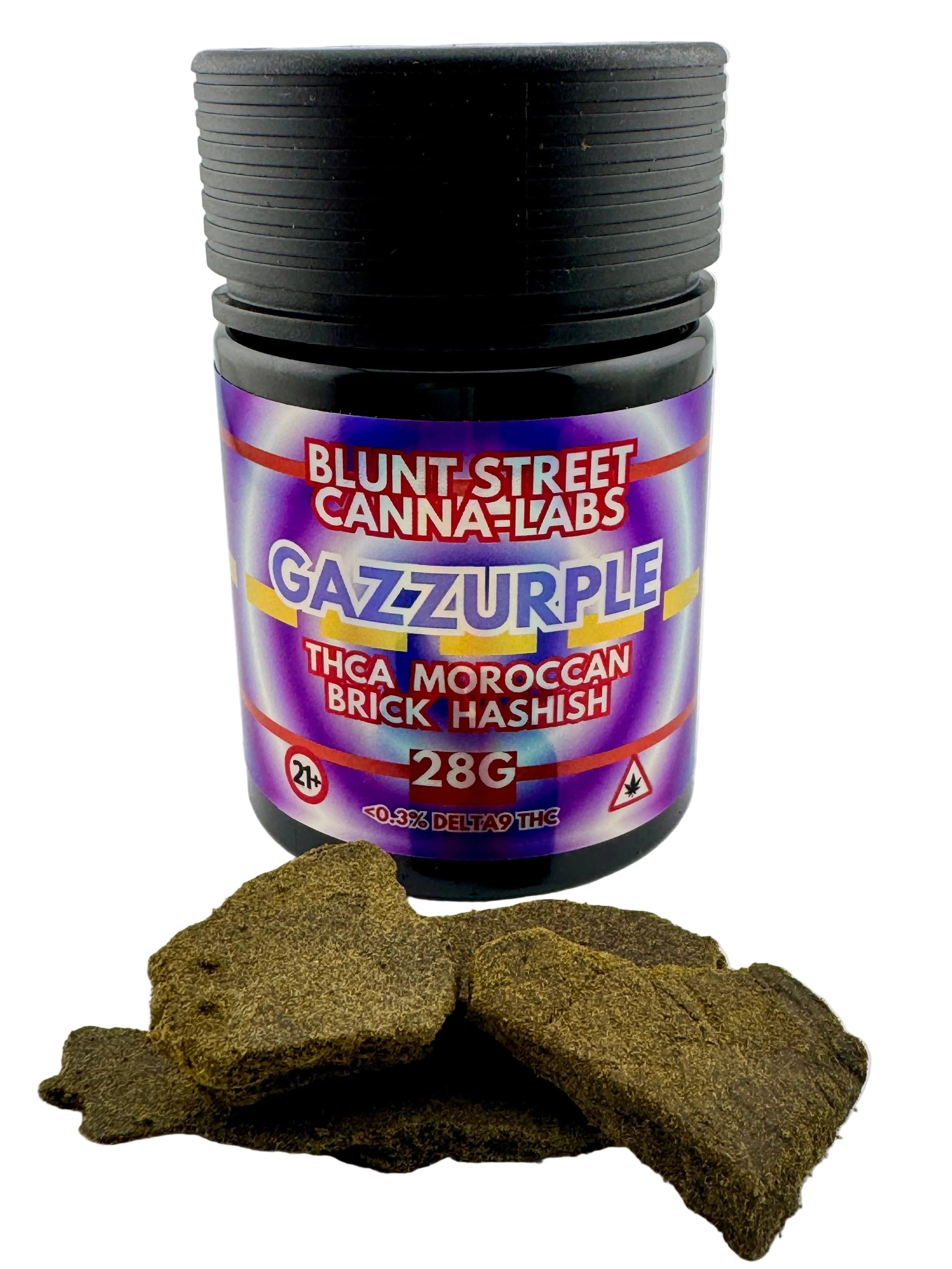 Jar of Blunt Street Canna-Labs Gazz-Zurple Moroccan Brick Hashish on a white background