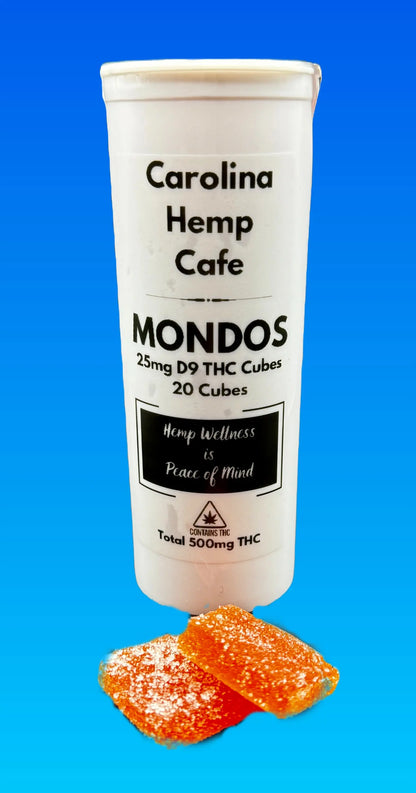 25mg Mondos Tropical Smoothie Gummy, 25mg Cubes of Delta 9 Hemp Derived THC Gummies Cubes Totaling: 125mg Edibles & Childproof Packaging Carolina Hemp Cafe