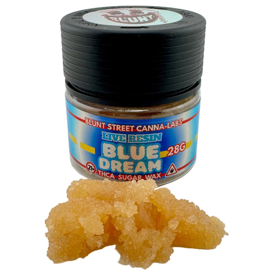 Jar of Blunt Street Canna-Labs Blue Dream resin with some of the product on a white background