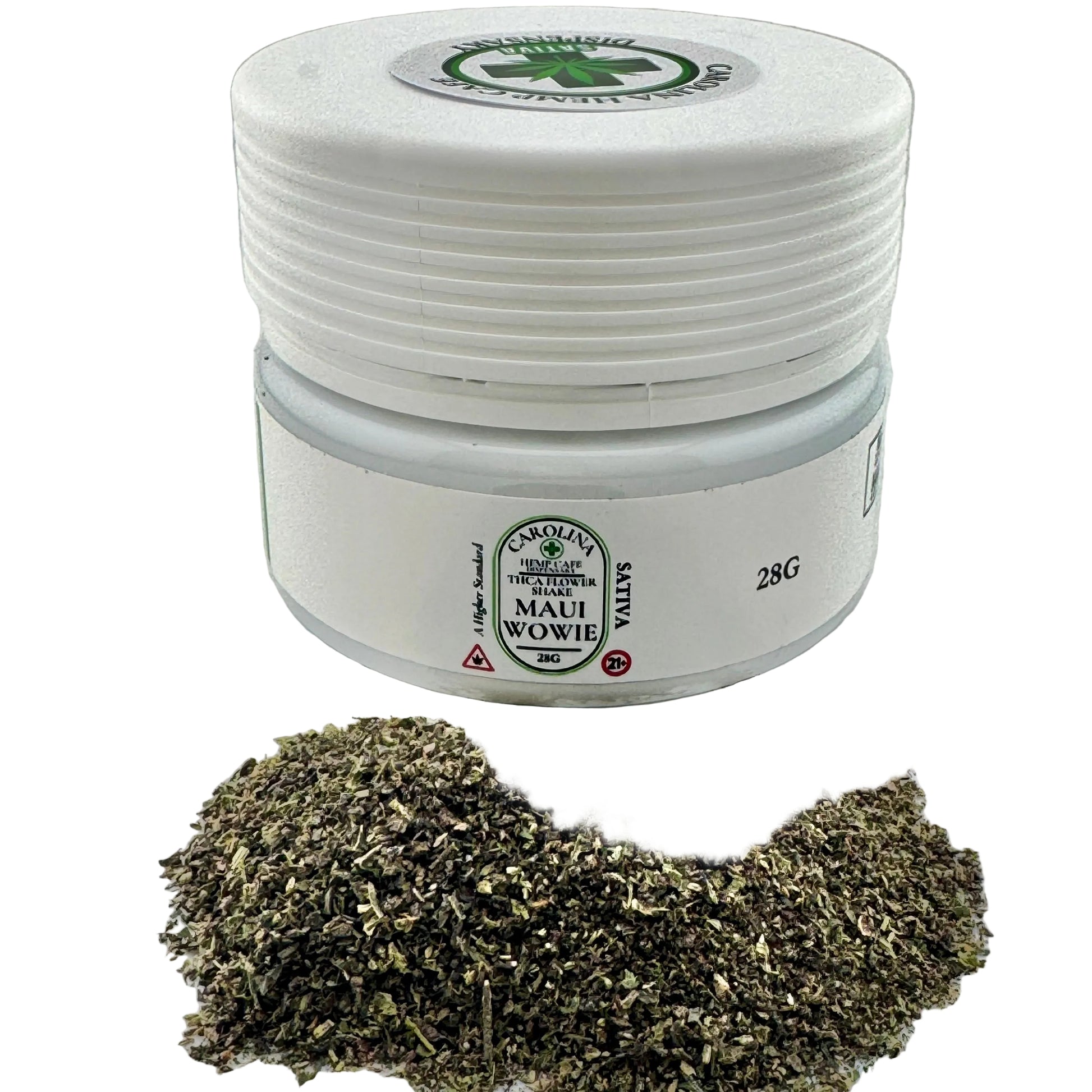 White container labeled 'Maui Wowie' with dried herbs on a gray background