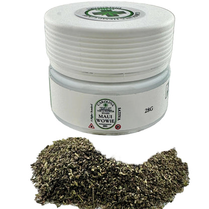 White container labeled 'Maui Wowie' with dried herbs on a gray background