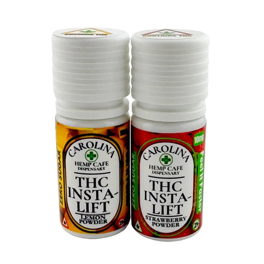 Two bottles of Carolina Hemp Cafe THC Insta-Lift on a white background
