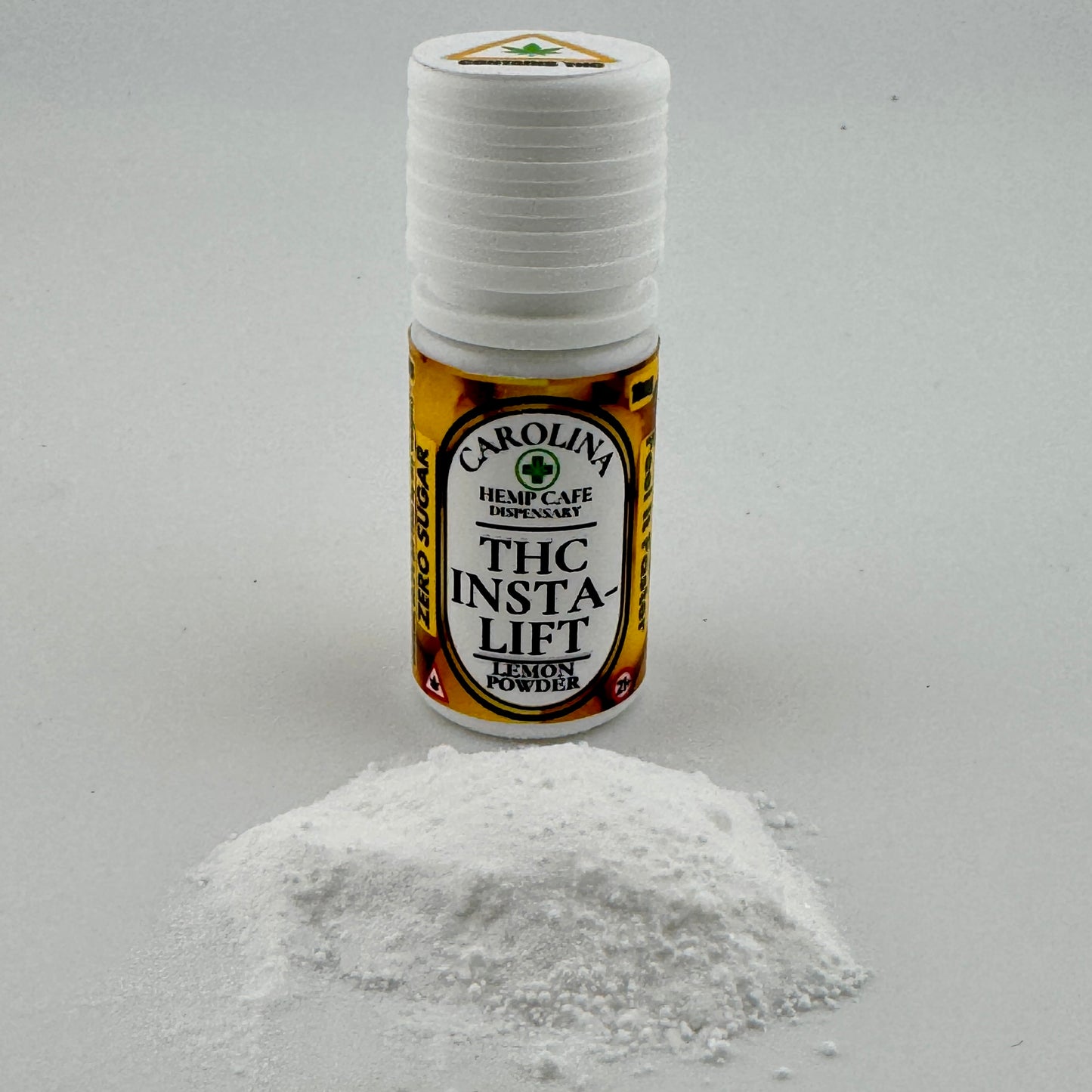 Bottle of THC powder labeled 'THC Insta-Lift' on a gray background