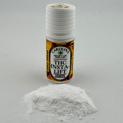 Bottle of THC powder labeled 'THC Insta-Lift' on a gray background