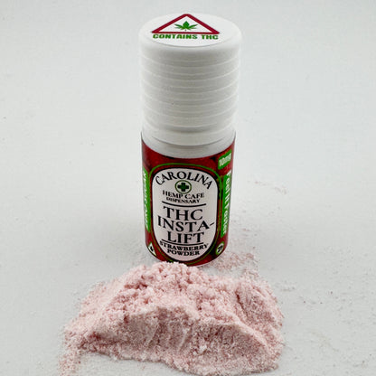 Bottle of Carolina Hemp Cafe Dispensary THC Insta-Lift Strawberry Powder on a light gray background