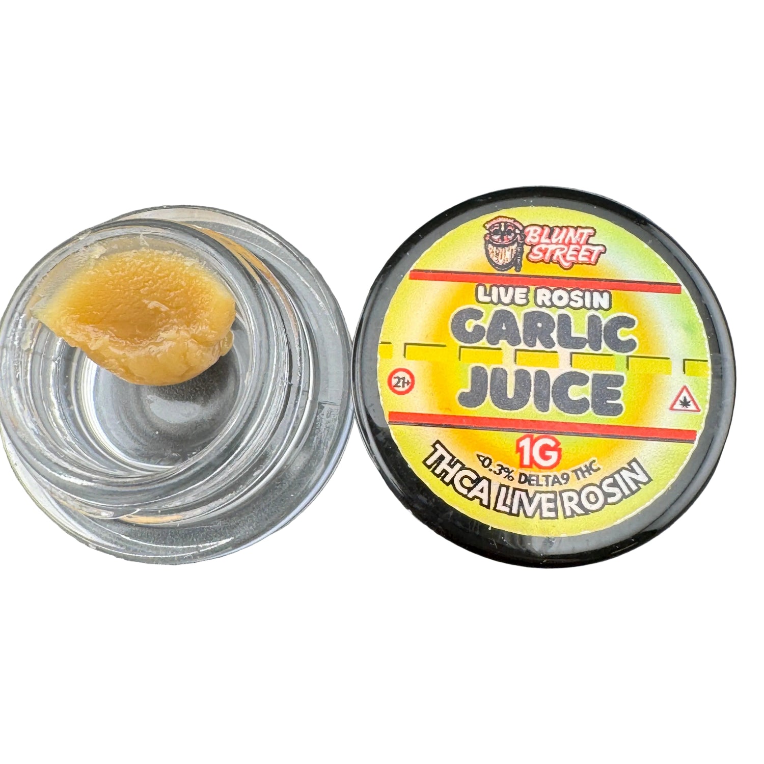 Container of live rosin labeled 'Garlic Juice' on a gray background