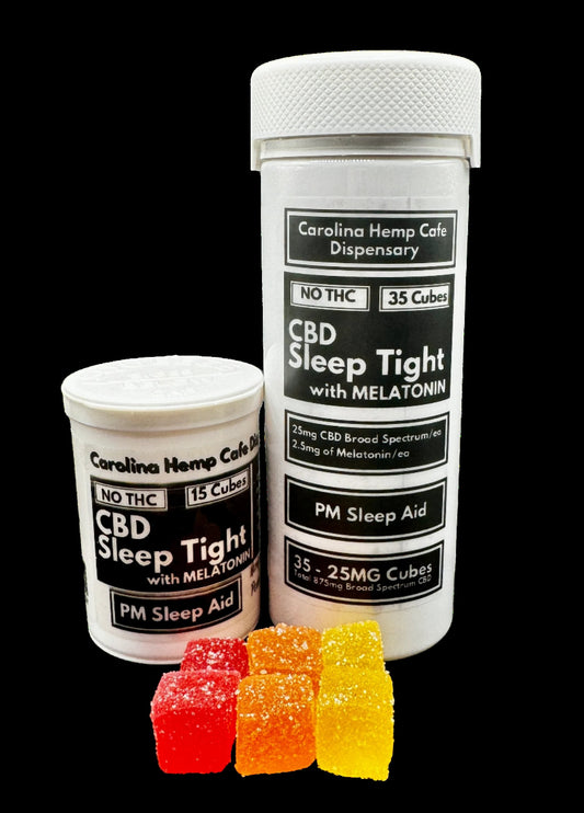 CBD Sleep Tight with Melatonin - Sleep Aid Cubes (No THC) by Carolina Hemp Cafe, 25mg CBD Broad Spectrum + 2.5mg Melatonin - FREE of THC!! Gummy/Edibles in Childproof Packaging! Carolina Hemp Cafe