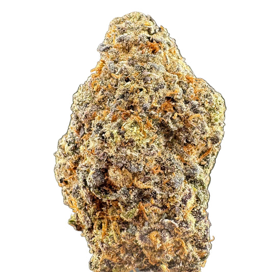 A close-up of a dense, textured cannabis bud cluster with orange, brown, and green hues against a dark gray background.