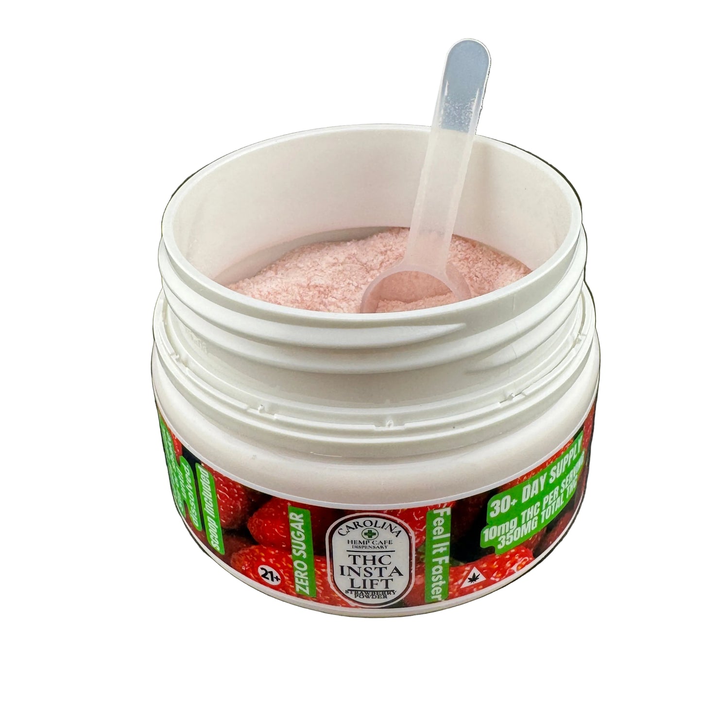 An open white plastic jar of Smokey's The Insia Jell Strawberry flavor, showing the pinkish-red jell inside, with a clear plastic spoon resting in the jar against a dark gray background.