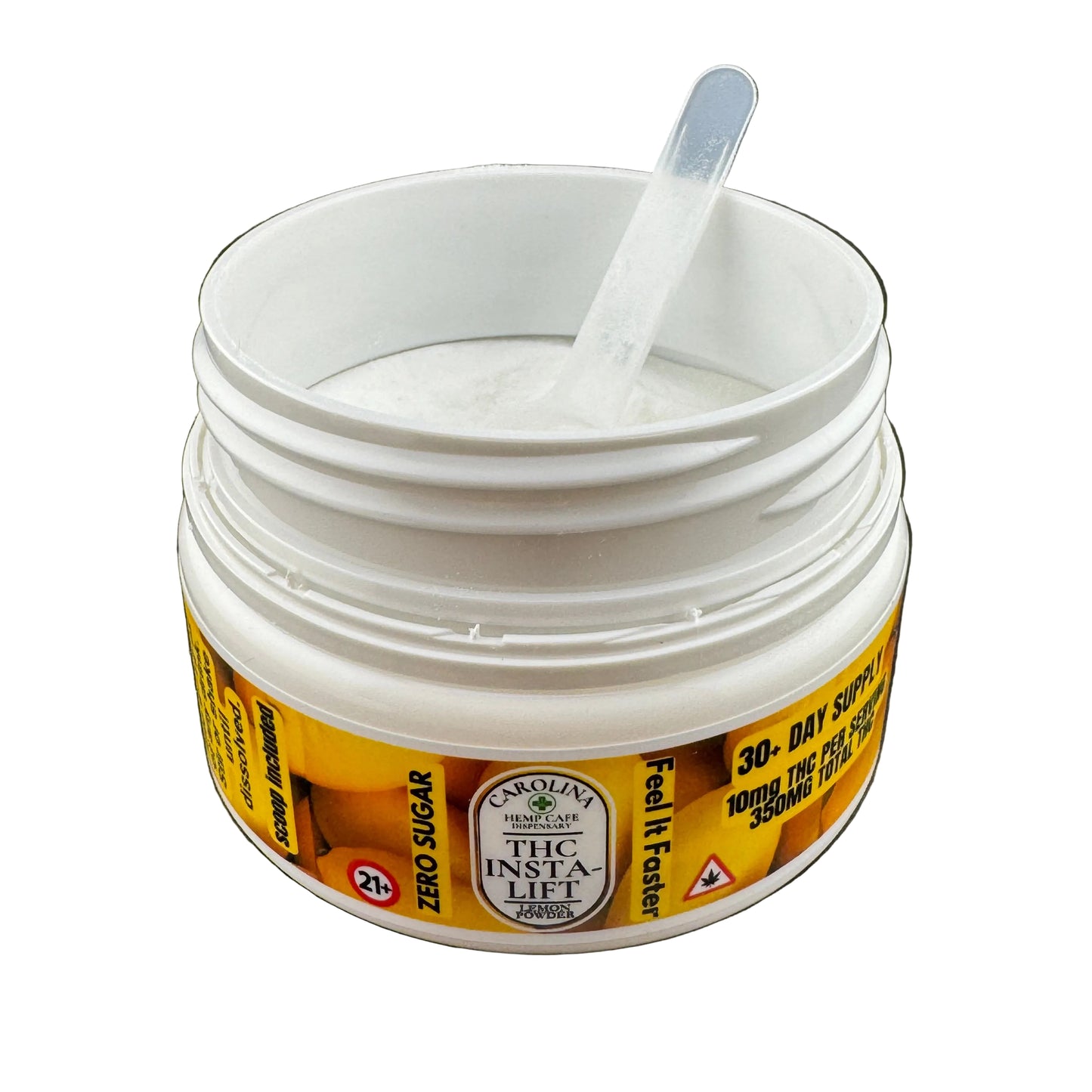 An open white plastic jar of Carolyn's Premium 'Thc Inst-a-Lift' Zero Sugar powder, with a clear plastic scoop resting inside, set against a dark gray background.