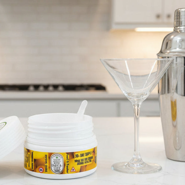 An open white plastic jar of Eucalyptus Pain Relief Cream with its lid placed beside it on a dark gray surface. The cream is visible inside, and a small plastic spatula rests in the jar.