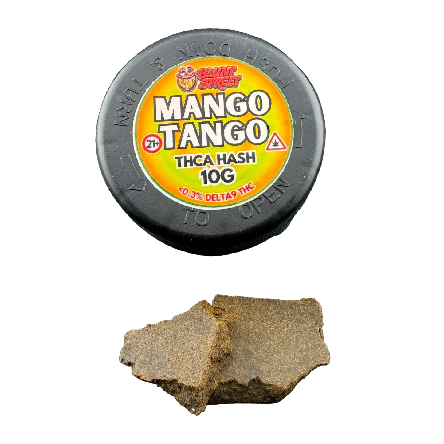 A round black container labeled 'Mango Tango THCA Hash 10G' sits on a dark gray surface with two broken pieces of brown hash in front.