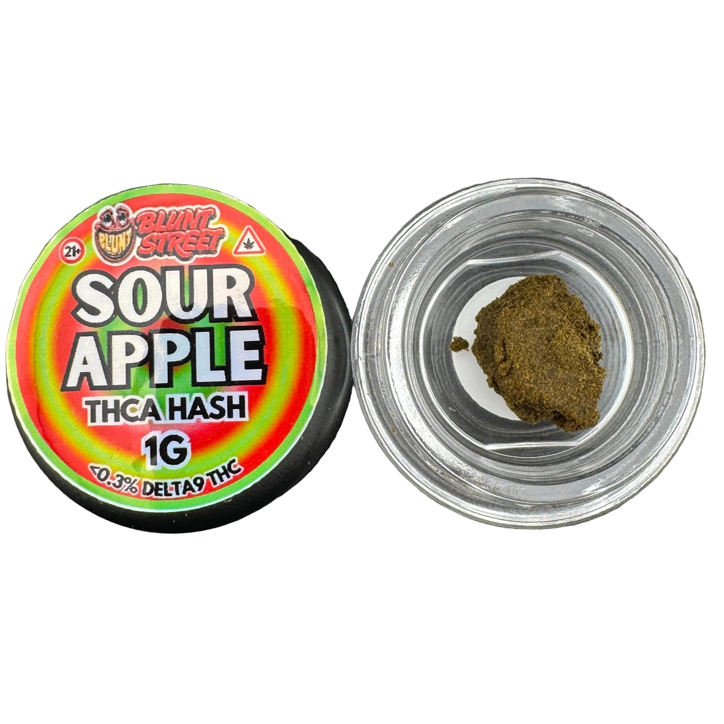A small clear jar filled with dark brown-green THC hash next to its lid, which has a colorful label reading 'Sour Apple' and 'Delta Pine'.