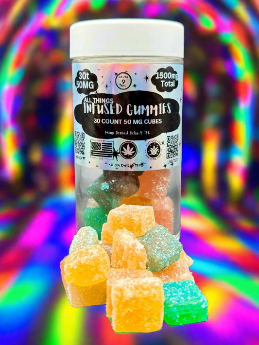 50mg THC Gummies - All Things Infused - 10 Cubes Hemp Derived THC Edible Gummy 500mg Total, Hemp Derived Delta 9 THC Hemp Product vendor Edible Gummy 110.00 Carolina Hemp Cafe 30-Count-Mix-Flavor-Jar