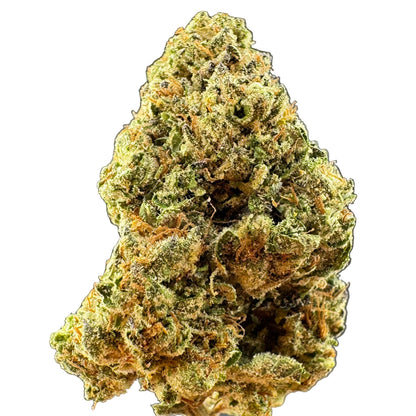 A close-up of a dried cannabis bud with green and orange tones, covered in fine trichome crystals, set against a dark gray gradient background.