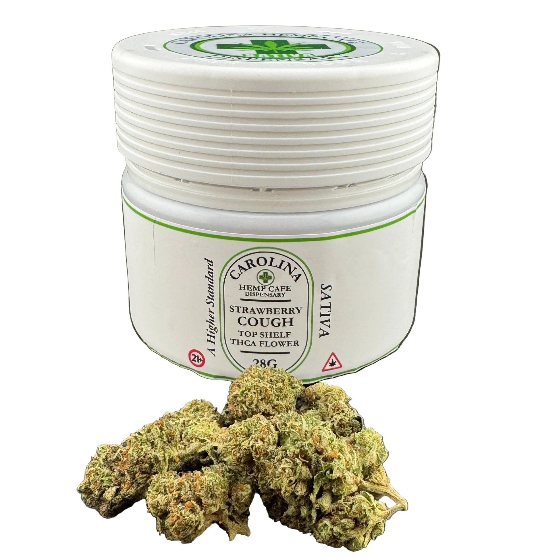 A white plastic jar of Carolina Valley Strawberry Cough Hemp Cream with a green and white label, shown next to several green and orange cannabis buds on a dark gray background.