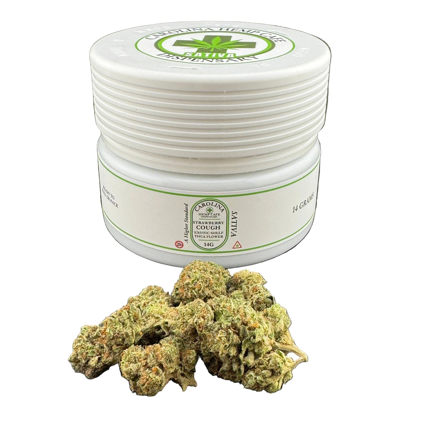 A white plastic jar of Colorado Mountain Creamshouse cannabis balm with a green and white label, shown next to a small pile of dried green cannabis buds on a dark gray background.