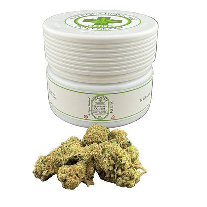 A white plastic jar of Colorado Mountain Creamshouse cannabis balm with a green and white label, shown next to a small pile of dried green cannabis buds on a dark gray background.