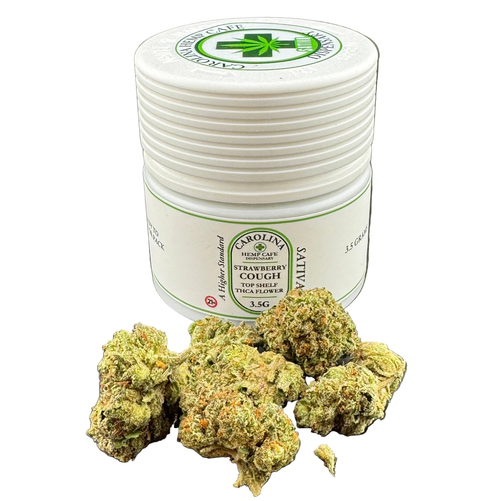 A white jar of Carolina Hemp Co. Sativa cough syrup stands on a dark gray background with several green and orange cannabis buds placed in front of it.