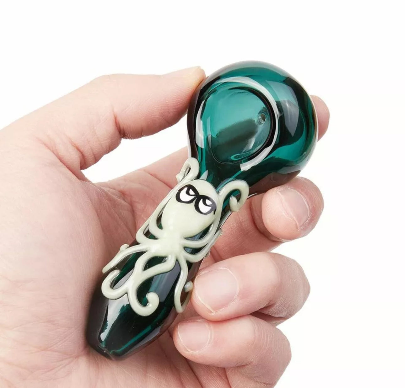 Glass Pipe: 4" Glow Octopus Glass Handmade Pipe with Case & Cleaning Kit