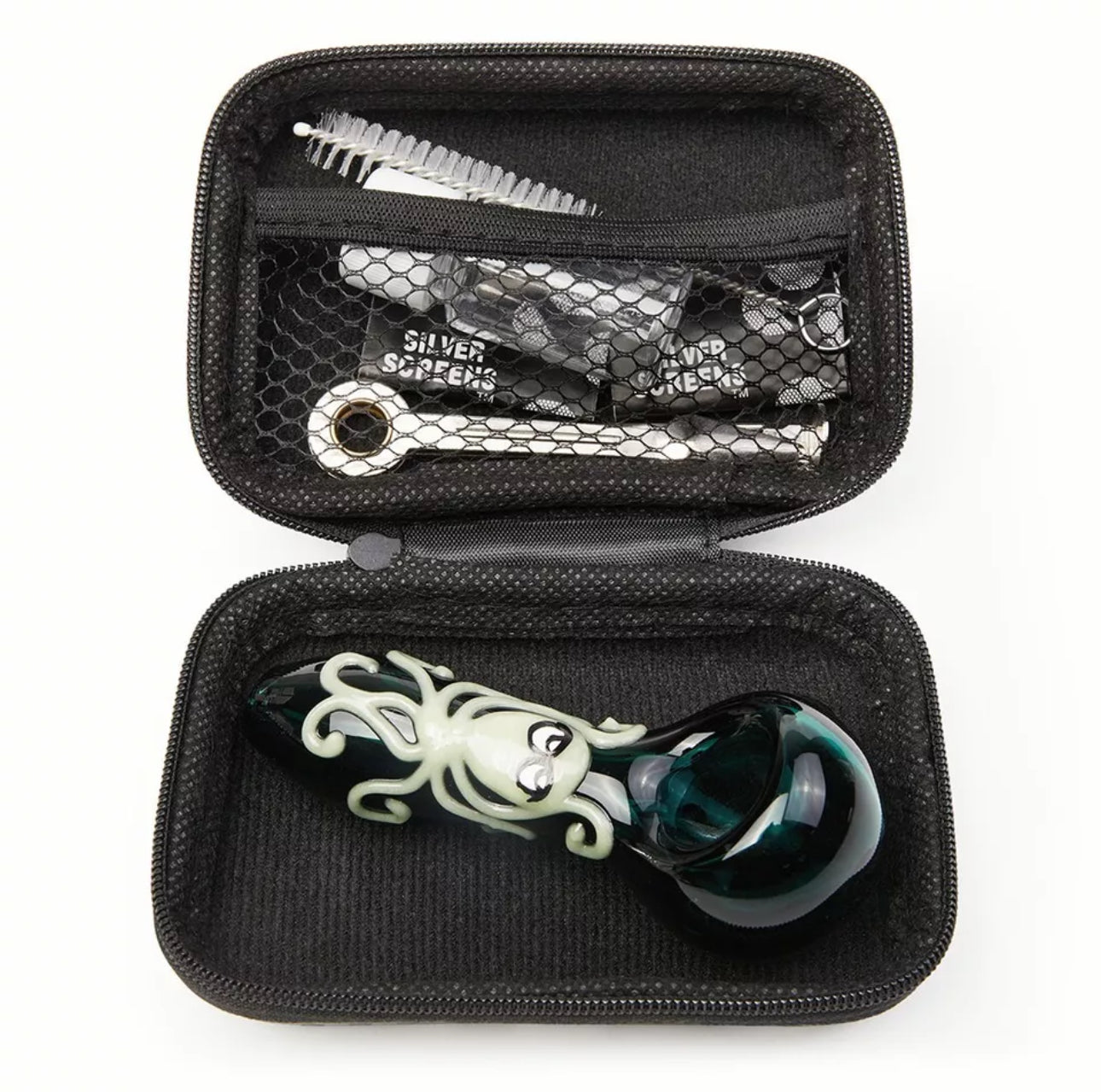 Glass Pipe: 4" Glow Octopus Glass Handmade Pipe with Case & Cleaning Kit