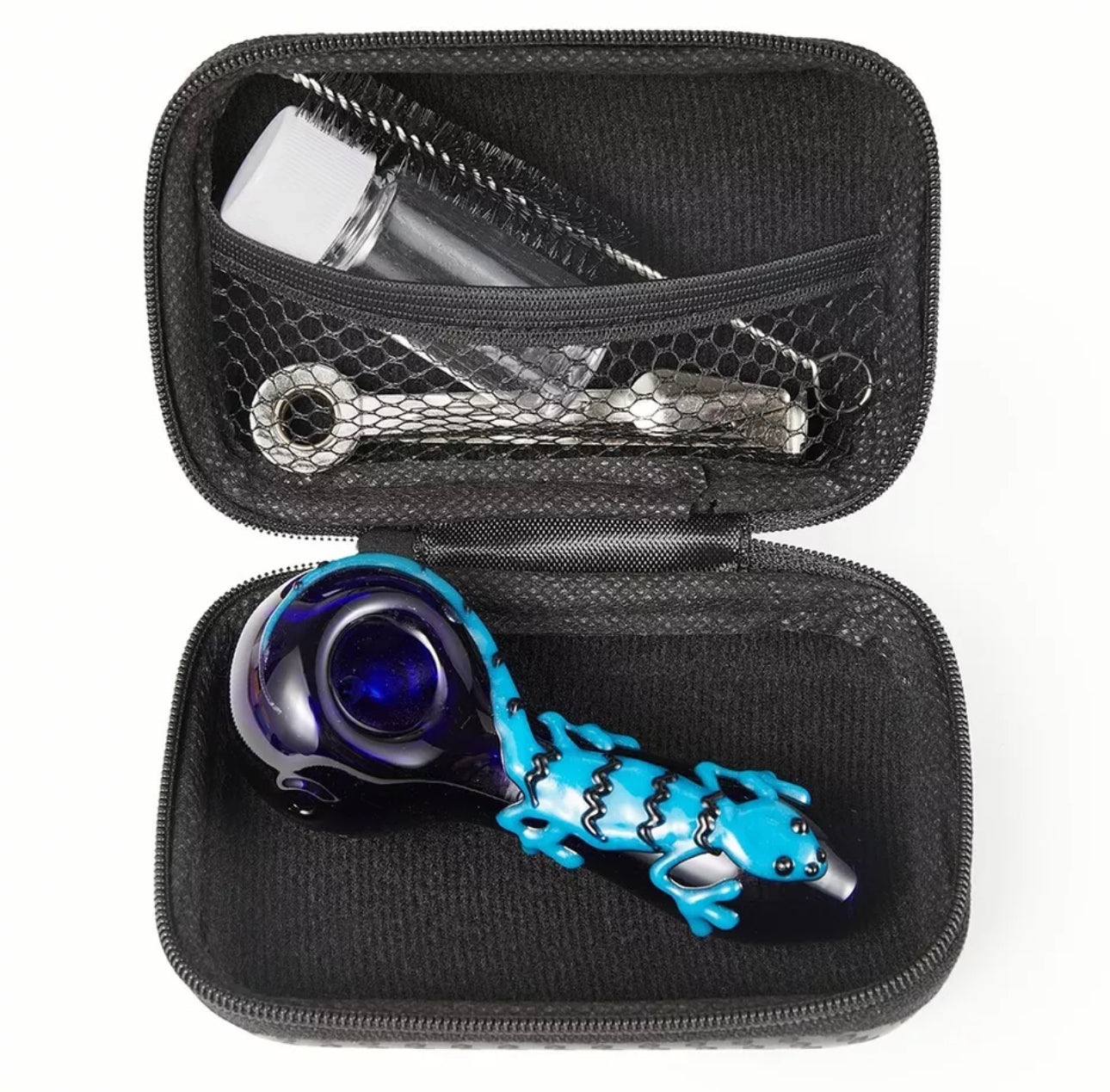 Glass Pipe: 4" GLOW Lizard Glass Handmade Tobacco Pipe with Case & Cleaning Kit