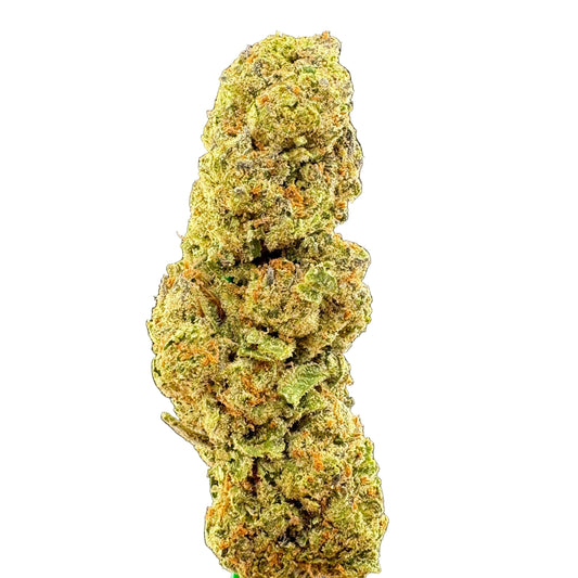A close-up of a dried cannabis flower bud with green and orange coloration, standing vertically against a dark gray background.