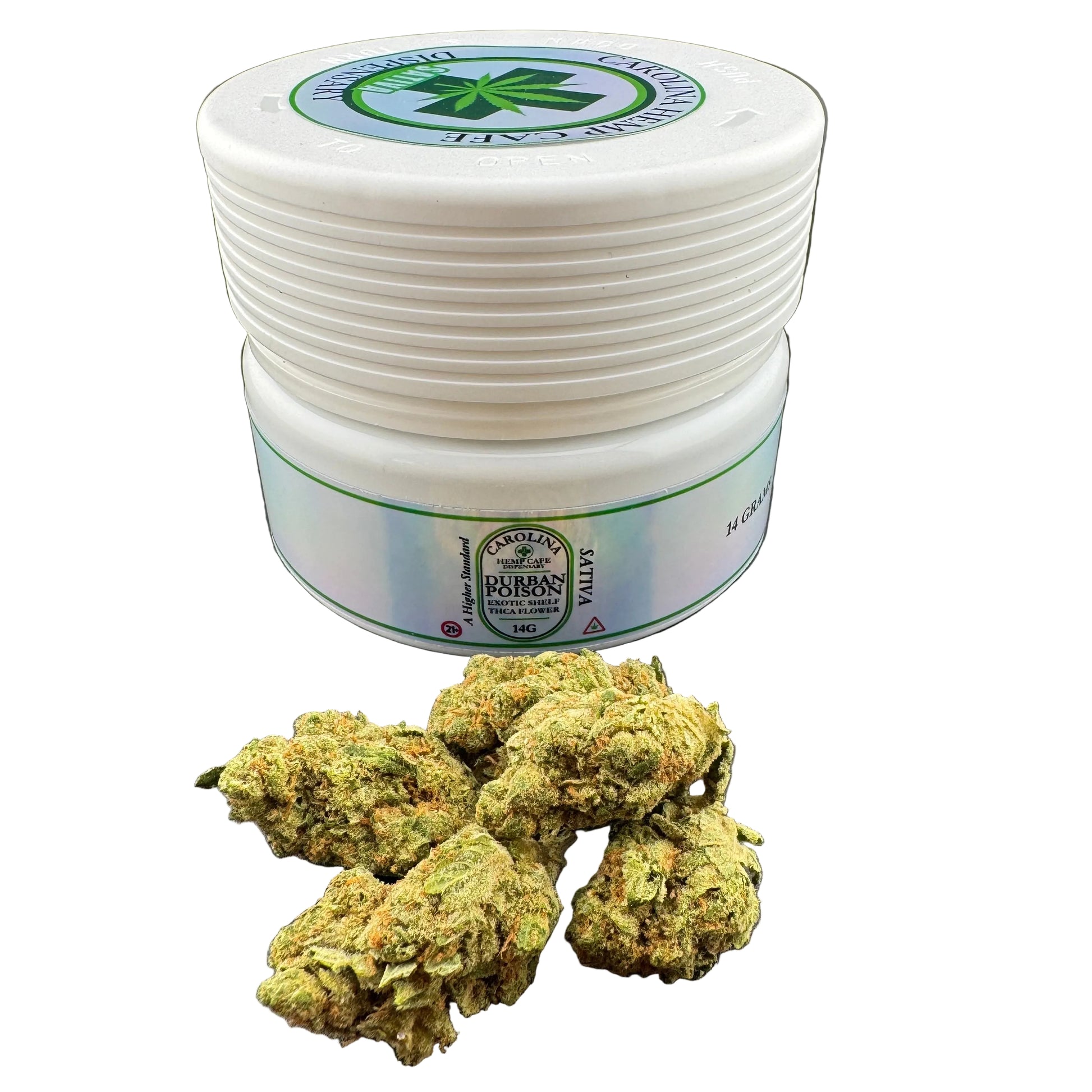 A white plastic jar of Harpoon Labs 'Rubbs' Sativa flower with a matching lid, shown next to several green and orange trichome-covered cannabis buds on a dark gray surface.