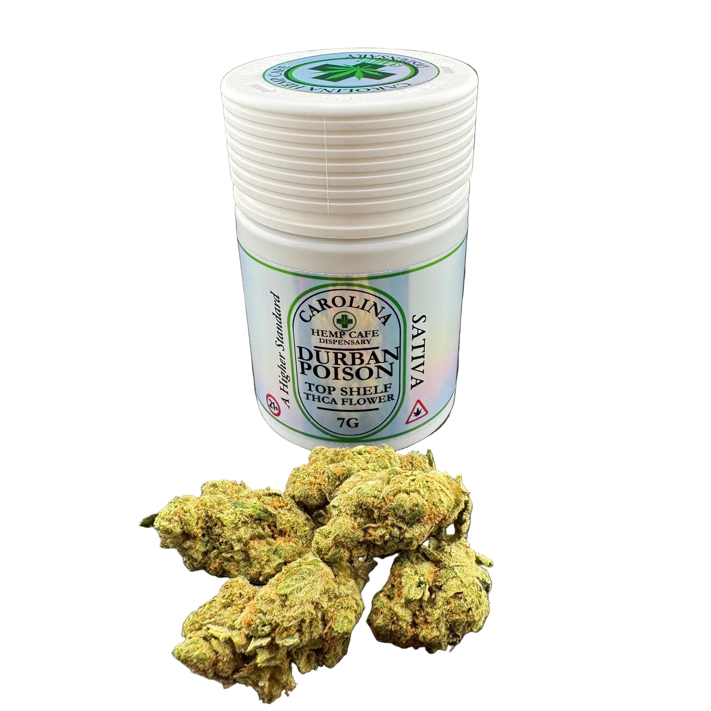 A white plastic jar labeled Carolina Hemp Cafe 'Urban Poison' stands on a dark gray surface with several green and yellow cannabis buds placed in front of it.