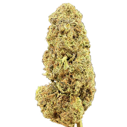 A close-up of a dried cannabis bud with a mix of olive green, yellow, and orange-brown tones, set against a dark gray gradient background.