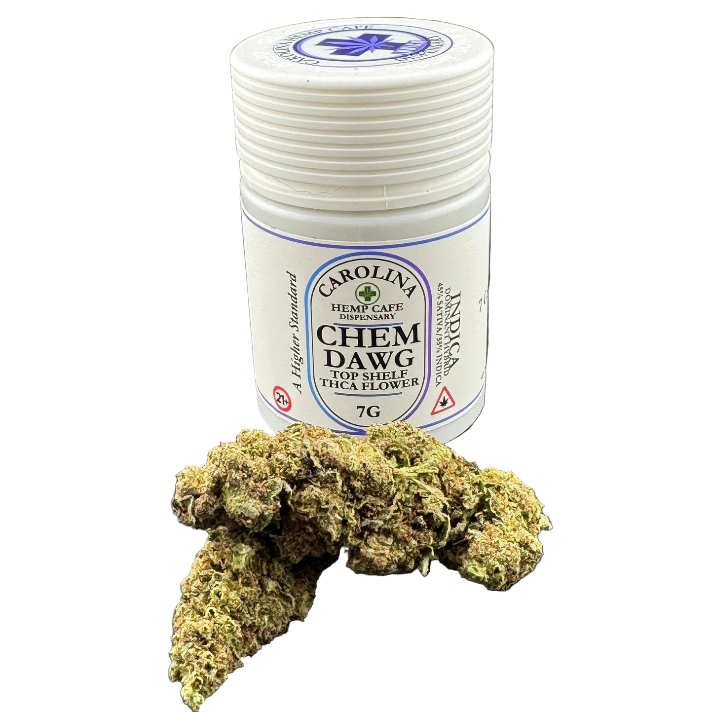 A white plastic jar labeled Carolina Hemp Cafe Chem Dawg MTHMSHGA 7G, shown with a large cannabis bud in front of it on a dark gray surface.