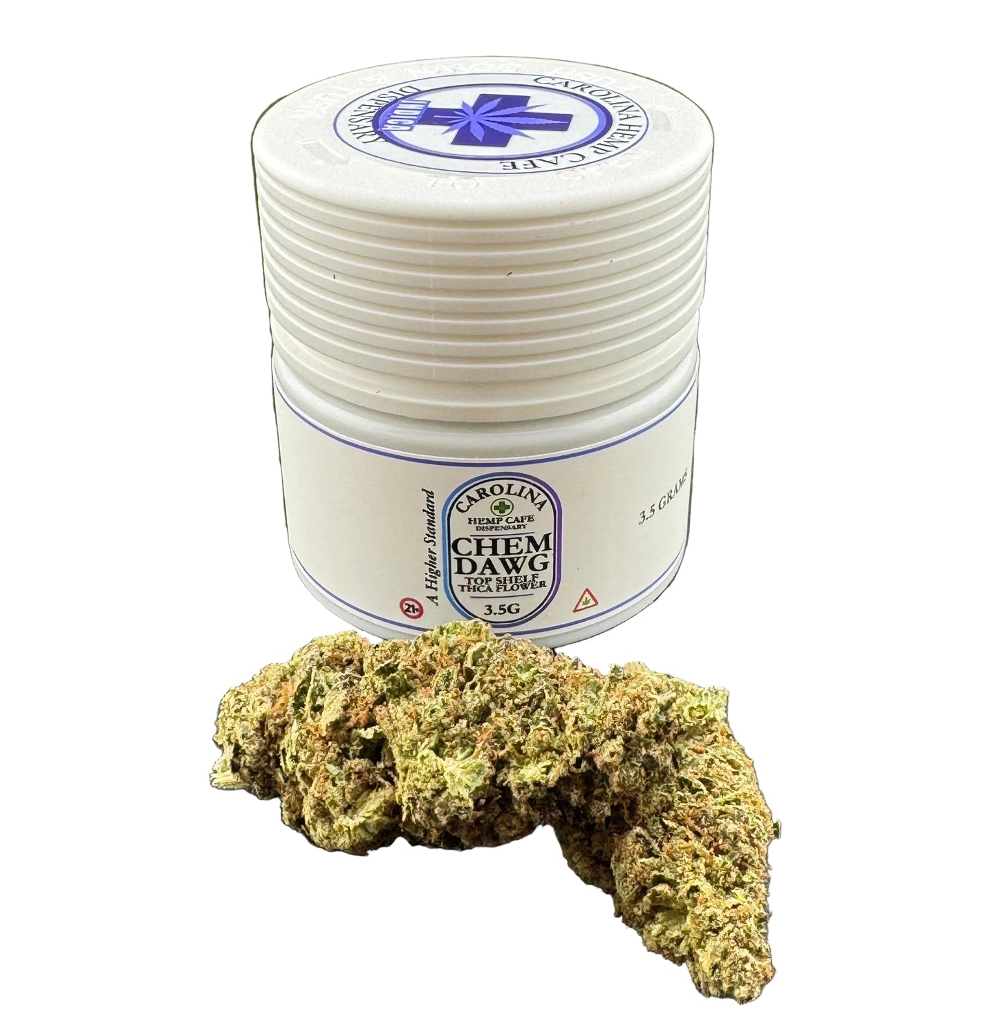 A white plastic jar of Smokey's Chem Hawg Hash Oil with a blue logo, displayed next to a large, textured green and brown hash butter piece on a dark gray background.