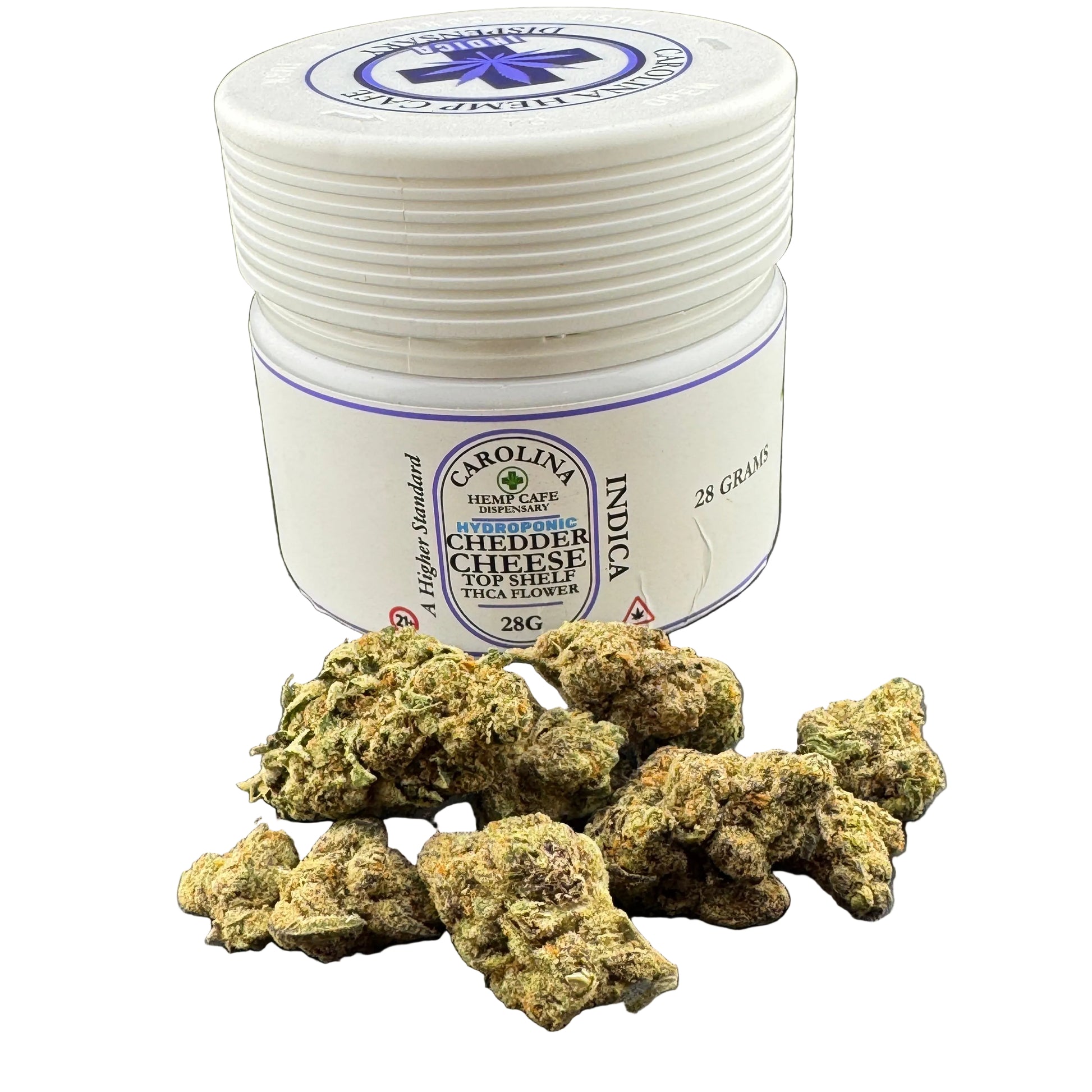 A white plastic jar labeled Carolina Hemp Care Cheddar Cheese CO-Flavor Indica THC flower, shown with several green-brown cannabis buds in front on a dark gray background.