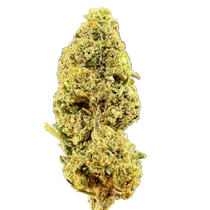 A close-up of a dried or cured cannabis bud with dense green and yellow-orange trichome coverage, set against a dark gray gradient background.