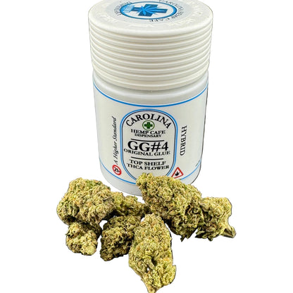 A white plastic jar labeled Carolina Hemp Cafe dispensaries GG#4 Original Glue Hybrid THCA flower, shown with several green dried flower buds in front on a dark gray surface.