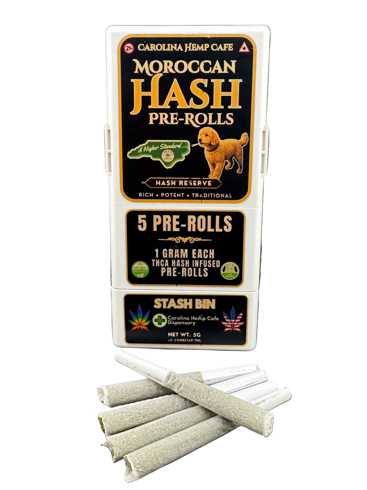 A white plastic Stash Bin package for Moroccan Hash Pre-Rolls stands on a dark gray surface, with five rolled pre-rolls placed in front of it.