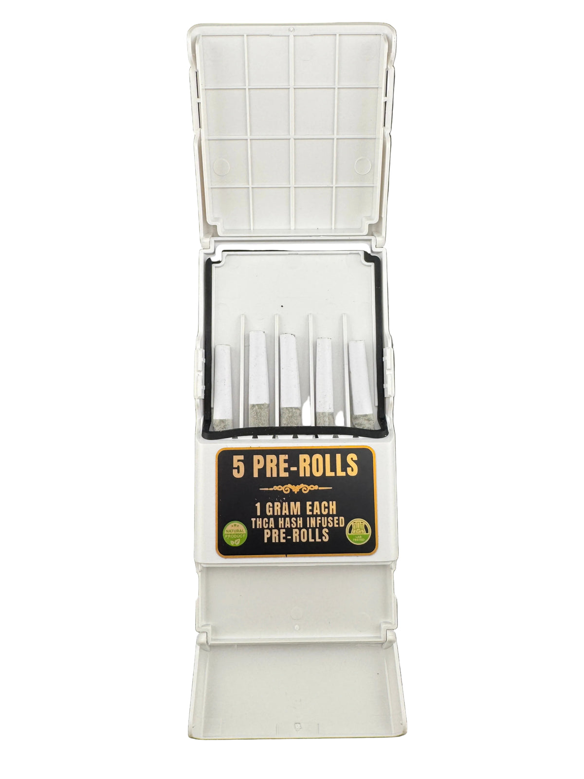 A white plastic case opened flat, containing five pre-rolled joints with a black label that reads '5 PRE-ROLLS 1 GRAM EACH THICK THIN ROLLS PRE-ROLLS' on a dark gray background.