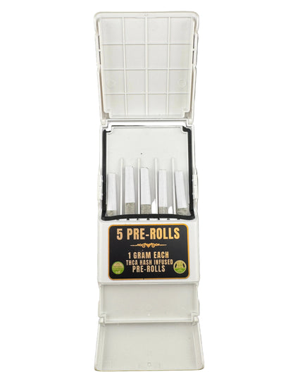 A white plastic case opened flat, containing five pre-rolled joints with a black label that reads '5 PRE-ROLLS 1 GRAM EACH THICK THIN ROLLS PRE-ROLLS' on a dark gray background.