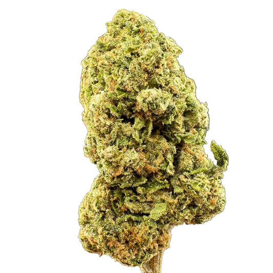A close-up of a dried cannabis bud with green and orange-brown tones, set against a dark gray background.