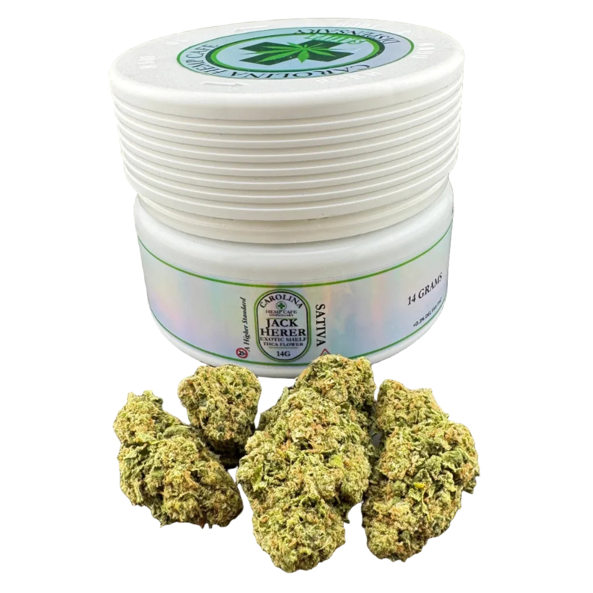 A white plastic jar labeled 'Jack Herber Sativa' with a green leaf logo, shown on a dark gray background with several green cannabis buds placed in front of it.