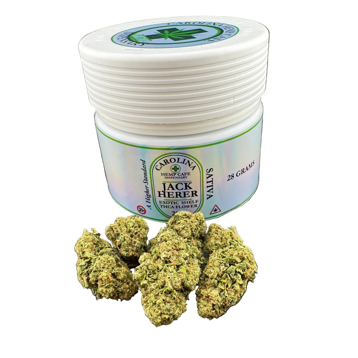 A white plastic jar of Carolina Health Care Jack Herer Salvia 28 Grams flower buds, displayed on a dark gray background with several green and brown cannabis buds placed in front of the jar.